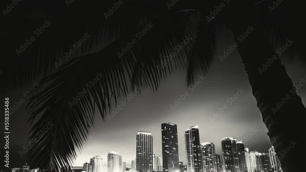 Poster a black and white photograph of a city at night, suitable for use in editorial or design contexts