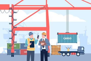 Cargo terminal workers. Unload freight containers on auto trucks. Warehouse and seaport workers, transportation and logistic, recent vector scene