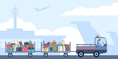Carrying luggage with truck. Airport employee brings bags and suitcases for loading or collection. Driver service worker, tourism and travel recent vector scene