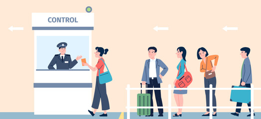 Passport control. Tourist with luggage on check point in airport or border. Officer in counter looking documents. People in waiting line, recent vector concept
