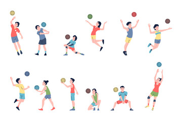 Volleyball players. Professional athletes in uniform in active poses. Sport training, competitions characters with ball. Male female recent vector characters