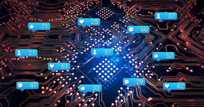 Image of social media icons and numbers over computer circuit board