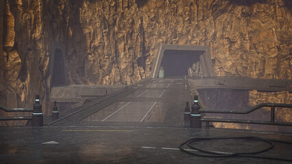 Futuristic fantasy science fiction environment in a rocky mountain landscape. 3D rendered illustration.