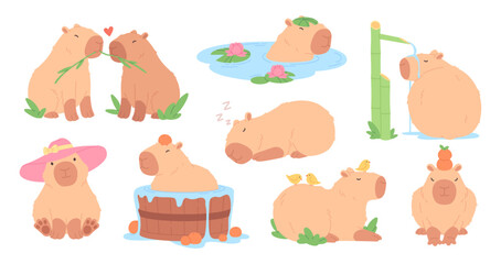 Cartoon funny capybara. Cute capybaras various poses, swimming sleeping eating together. Adorable wild rodent, exotic animals racy vector characters