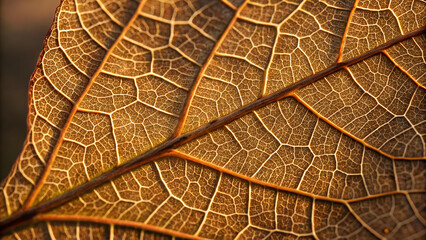 Obraz premium Skeleton Leaf Macro Texture, Golden Autumn Pattern With Veins
