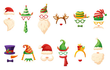 Christmas masks. Santa snowman elf hats and mask for photo booth. Reindeer headband, mustache and beards. New year party accessories, nowaday vector set