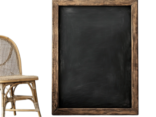 Rustic wooden chalkboard next to a woven chair