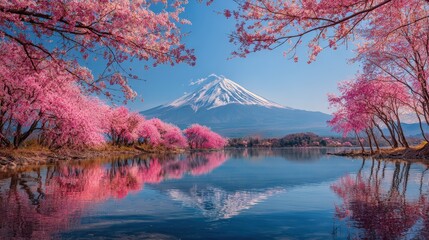 Stunning Mount Fuji Landscape with Blooming Cherry Blossoms Reflected in Calm Lake Water