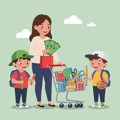 Cute cartoon mother holding saved money in her hand, her little boy riding a shopping cart, filled with school supplies, vector illustration