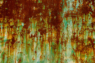 flat heavily rusted sheet metal texture with green paint leftovers