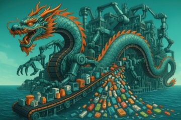 Fototapeta premium Chinese production illustrated by a dragon delivering goods in a vibrant industrial setting on water