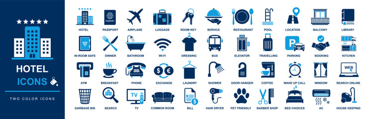 hotel element and service icon set. travelling, trip, adventure, vacation, staying, luxury, relaxation, service, lifestyle journey, holiday, tourism, tourist etc concept. eps two color icon with names