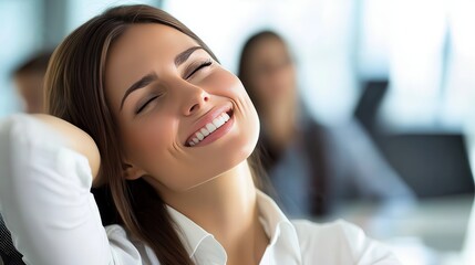 Happy female business professional with colleagues in meeting at office