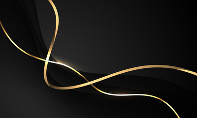 Abstract gold ribbon curve overlap on black luxury background vector illustration.