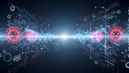 Futuristic animated background showing abstract covid virus particles with digital molecular structures and floating data networks in cinematic dark tone - Powered by Adobe