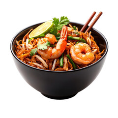 a bowl of asian inspired noodles, prawns, and fresh greens is set against a black background. the dish features noodles, prawns, and various vegetables. chopsticks rest on top of the bowl