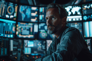 Fototapeta premium A focused man monitors multiple data screens in a high-tech control room filled with digital information and maps.