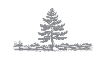 Fototapeta premium Pine Tree and Stone Wall Illustration Hand-drawn illustration