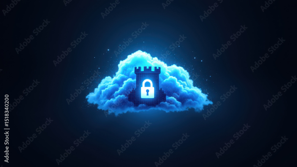 Poster a digital illustration featuring a cloud with a castle-like structure within it, symbolizing cyberse