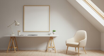 Wood Frame Mockup in Minimalist Attic Home Offic