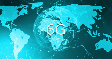 Image of rotating globe, connections and 6g on blue background