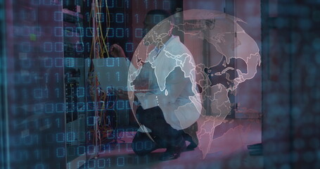 Image of data processing and globe over african american male server room worker