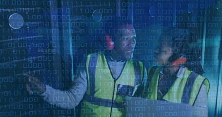 Image of data processing over african american couple server room workers using headphones