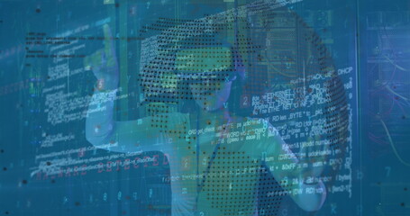 Image of data processing over african american female server room worker using vr headset