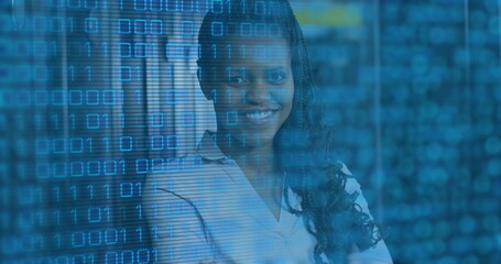Image of data processing over african american female server room worker
