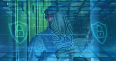 Image of data processing over male african american couple server room worker using headphones