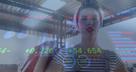 Image of data processing over caucasian woman at petrol station