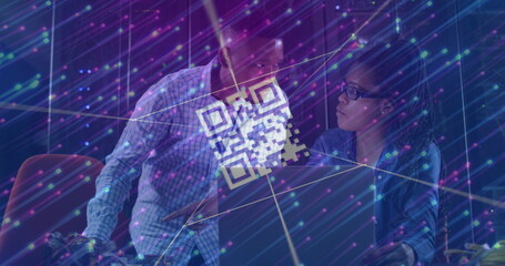 Image of data processing over african american couple server room workers using laptop