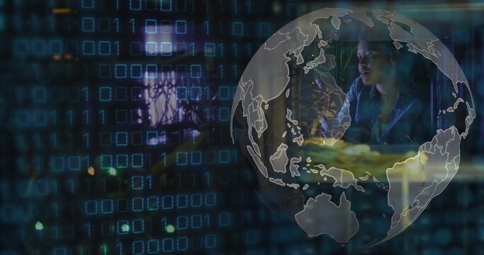 Image of data processing and globe over african american female server room worker