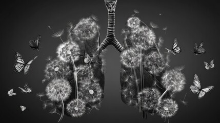 Digital X-ray artwork of lungs filled with dandelion seeds and butterflies in flight