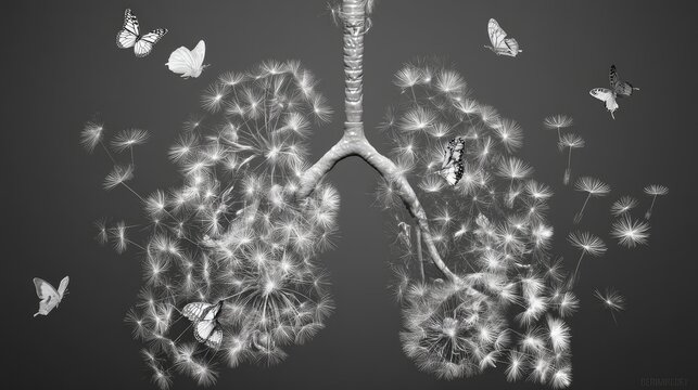 Fototapeta Digital X-ray artwork of lungs filled with dandelion seeds and butterflies in flight