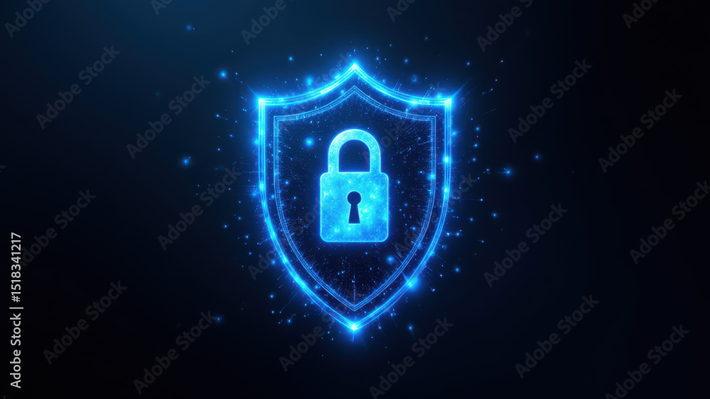 Poster cybersecurity symbol with a glowing shield and lock icon set against a starry background.