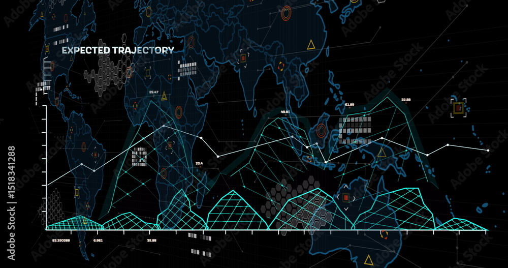 Aufkleber image of financial data processing over world map on black background