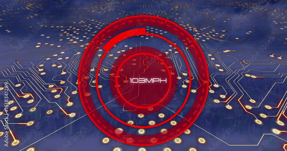Poster image of scope scanning with growing number and computer circuit board over cityscape