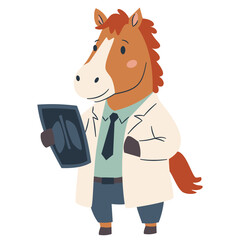 Obraz premium Cute horse in doctor's suit holding x-ray on white background. Flat vector illustration in simple children's style . Vector illustration