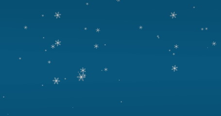 Digital image of snowflakes icons falling against copy space on blue background