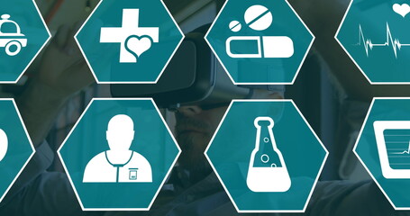 Image of medical icons over men using vr headset