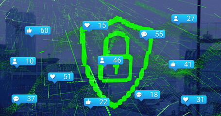 Image of social media icons with growing number and padlock icon over cityscape