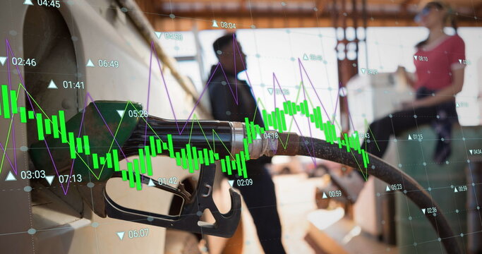 Image of data processing over diverse couple at petrol station - Powered by Adobe
