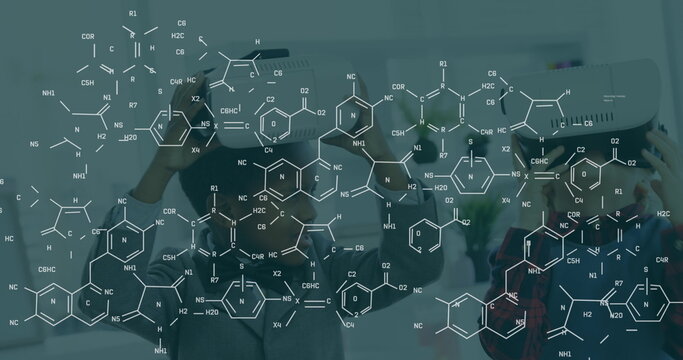 Image of chemical formulas over african american boy using vr headset