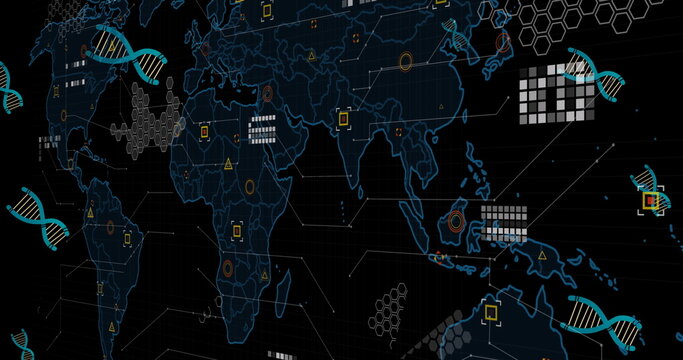 Image of dna, data and world map on black background
