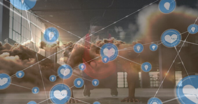 Image of network of connections and sky with clouds over african american man exercising