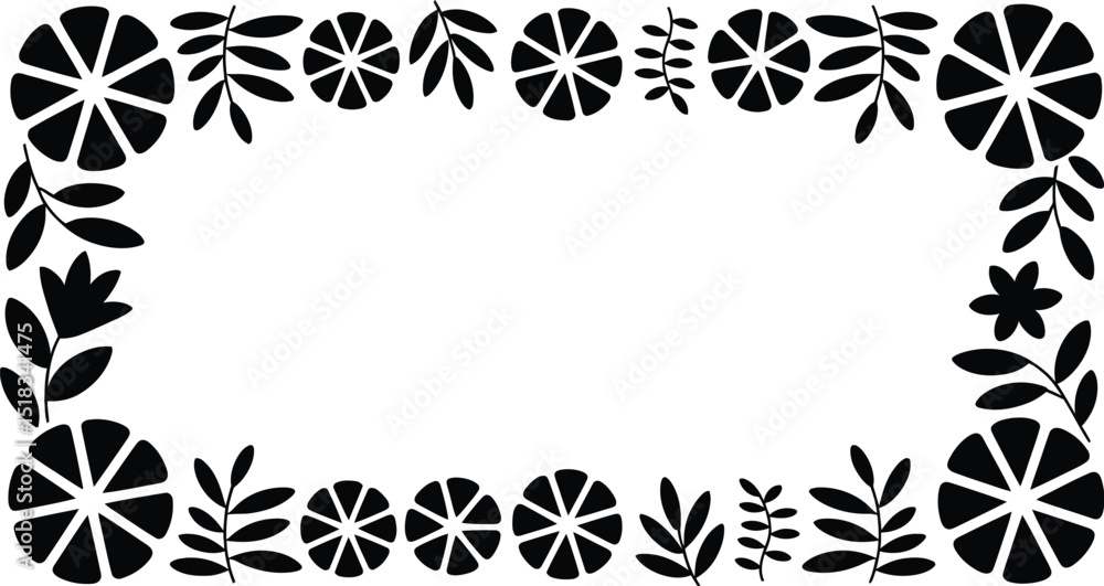 Poster a black and white frame with flowers and leaves arranged around a rectangular space for text or imag