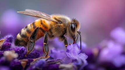 Extreme macro photograph of a honeybee collecting nectar from a vibrant purple lavender bloom
