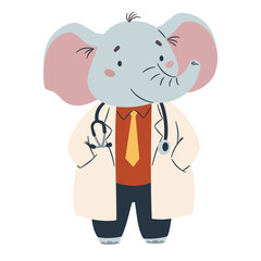 Cute elephant in doctor's suit on white background. Flat vector illustration in simple children's style . Vector illustration