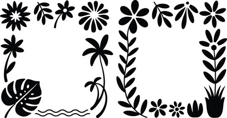 Black and white floral frame with flowers leaves and tropical plants creating a border design element